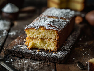 Piece of Sponge Cake with Icing Sugar on Rustic Wooden Table