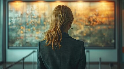 A businesswoman watches a big puzzle on the wall, one piece off, realistic stock photo, back view, Ai Generated.