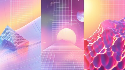 Poster - Design template with grid perspective pattern and geometric 3D objects in a retro futuristic 2000s streetwear style.