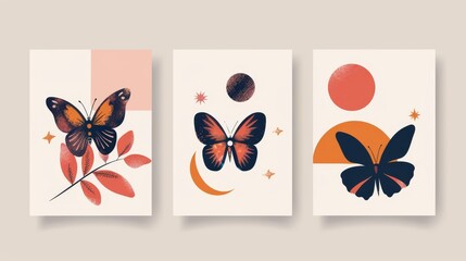 Poster - Y2K poster template with simple line frame and shape, sparkle and moon stickers, abstract neo tribal butterfly element and typography. Modern set of minimal banner or cover design layout.