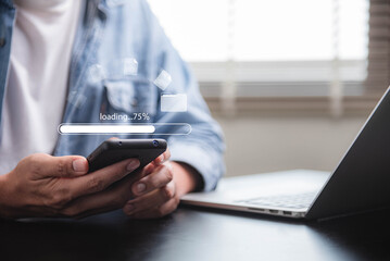 Fototapete - The management of documents in businesses, the uploading of files to online databases, cloud storage of data files, online database management, and cloud utilisation in business