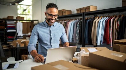 A small business owner works on their laptop preparing aesthetic packaging for products like boxes for customers. It has an e-commerce concept, SME business online concept.