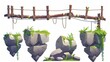 Illustration of wooden suspension bridge straining over abyss at edge of cliff, with rope, stones, and grass for game UI design. Cartoon modern illustration set of wooden suspension bridge straining