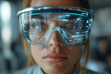 Poster - Futuristic illustration of a woman using virtual reality spatial computer goggles VR glasses headset in his daily work activity tasks with 3d digital projection