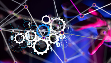 Poster - Neural network 3D illustration. Big data and cybersecurity - 3d