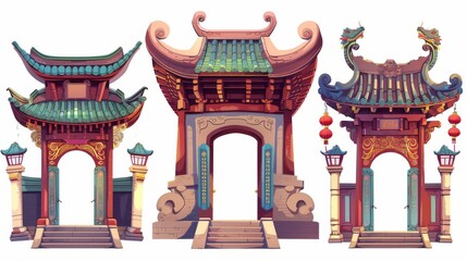 Wall Mural - This is a traditional Chinese house or temple door with a roof, stairs, and lanterns. Cartoon modern illustration set of oriental building arch gates. Asian pavilion antique entrance with classic
