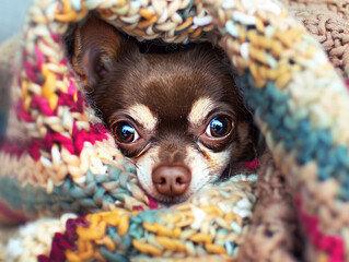 Wall Mural - A curious Chihuahua peeking out from a cozy blanket