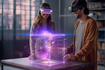 Poster - Futuristic illustration of a man using virtual reality spatial computer goggles VR glasses headset in his daily work activity tasks with 3d digital projection