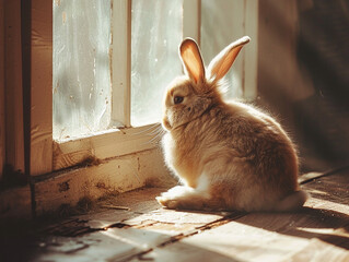 Wall Mural - A fluffy bunny lounging in a sunbeam that filters through a window, its serene posture radiating calmness 