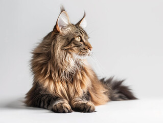 Wall Mural - A regal Maine Coon cat with distinctive lynx-like tufts on its ears, posing with its lush mane and bushy tail, a striking figure against a studio white backdrop, exemplifying the noble characteristics