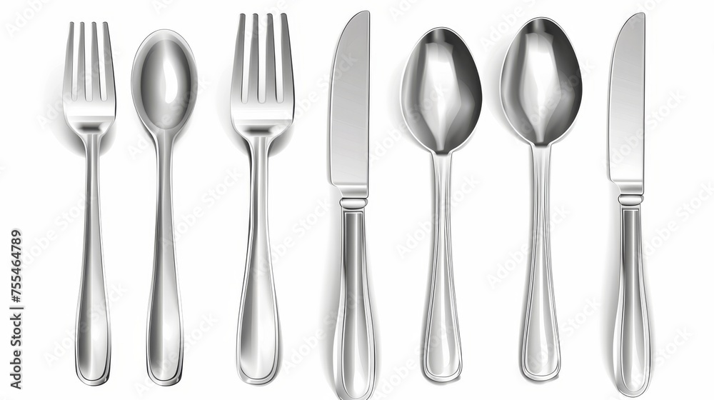 Set of 3D fork, knife, and spoon isolated on white background. Modern ...