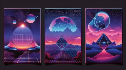 Poster - vintage futuristic y2k geometric posters. modern realistic illustration of retro wave flyers with 3d