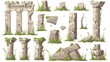 The ancient ruins set is a collection of destroyed structures or monuments of older civilizations and tribal cultures. The set has ruined medieval antique buildings, stones, columns and grass.