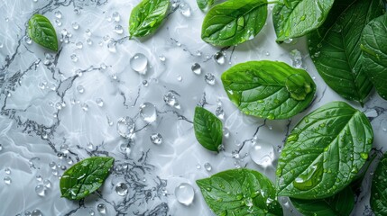 Wall Mural - Spa Product Green leaves in water on a light marble background. Summer concept, flat lay, top view. background for the display of natural cosmetics. Nature background for luxury product placement