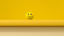 3D Render Of Smiley Face Sphere Standing Against Yellow Background