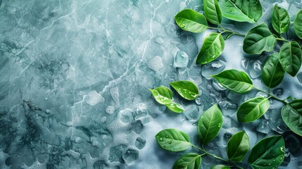 Wall Mural - Spa Product Green leaves in water on a light marble background. Summer concept, flat lay, top view. background for the display of natural cosmetics. Nature background for luxury product placement