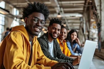 Wall Mural - A group of smiling young people with a laptop. A large pla.