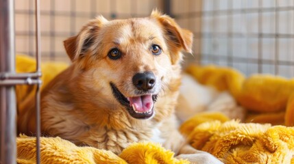 Wall Mural - Generative AI, cute happy dog on cozy bed in specialized pet hotel.