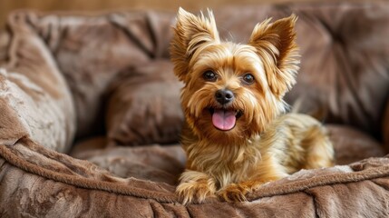 Wall Mural - Generative AI, cute happy dog on cozy bed in specialized pet hotel.