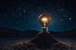A light bulb shines brightly on a pile of dirt. There is a backdrop full of stars in the night sky