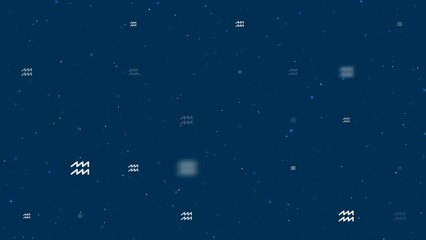 Poster - Template animation of evenly spaced zodiac aquarius symbols of different sizes and opacity. Animation of transparency and size. Seamless looped 4k animation on dark blue background with stars