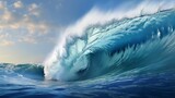 Fototapeta  - Rolling blue waves crash, moving in with tide of ocean
