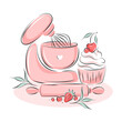 Cake shop logo. Planetary stationary dough mixer, cupcake and berries. Vector illustration on white background 