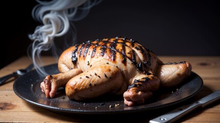 Studio photo of grilled chicken on a plate. On a wooden table. Black background.