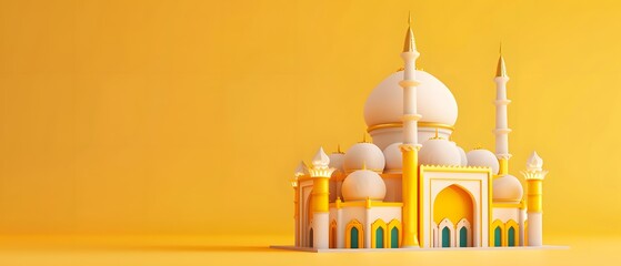 Wall Mural - Miniature mosque isolated on yellow background. for islamic celebration day ramadan kareem or eid al fitr adha. copy space, mockup. front view.