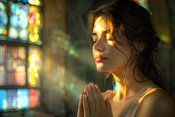 Prayer, portrait of woman praying in church. Christianity faith, worship.