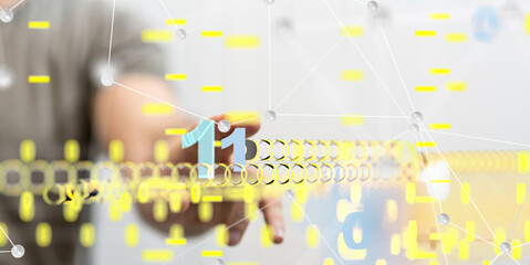 Poster - abstract lines with dots over dark background.