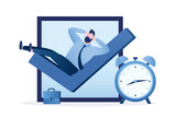 Fototapeta  - Businessman relax on complete checkmark with alarm clock. Fast and easy completed task. Finish work within deadline, efficiency and productivity. Tick checkbox, work done,