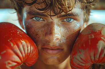 Wall Mural - Close-up of a young boxer with red gloves, intense gaze, and freckles, showcasing determination and strength.