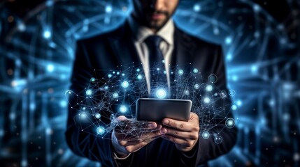Poster - Businessman on blurred background using his mobile phone with network connection