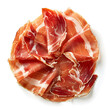 Prosciutto slice isolated on a white background, top view isolated on white