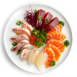 Mix Japanese Sashimi on white plate, top view isolated on white
