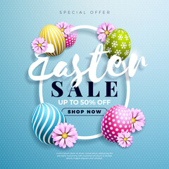 Wall Mural - Easter Sale Illustration with Colorful Painted Egg and Spring Flower on Blue Background. Vector Religion Holiday Celebration Banner Design Template for Coupon, Banner, Voucher or Promotional Poster.