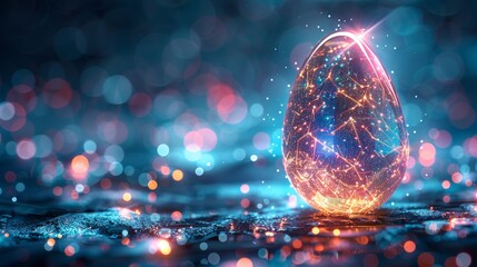 Leinwandbilder - An egg with decoration in a futuristic digital style on a blue background. Modern illustration of an egg with decoration.