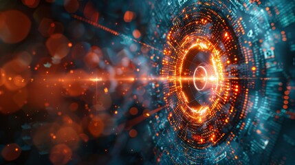 Aufkleber - A futuristic polygonal vision target is pictured on a blue background with an abstract digital path background.