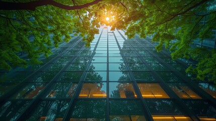 Poster - The modern eco-friendly building in the modern city. Green trees with leaves and a sustainable glass building to reduce heat and carbon dioxide emissions. An office building with a green environment.