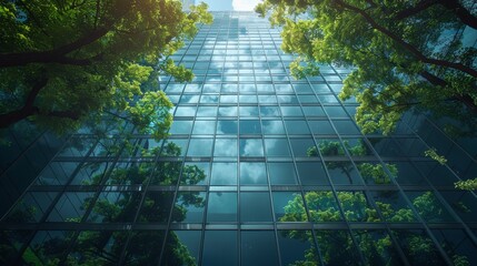 Aufkleber - This eco-friendly glass office building with trees helps reduce carbon dioxide. Green office environment. Corporate office building reduces CO2.