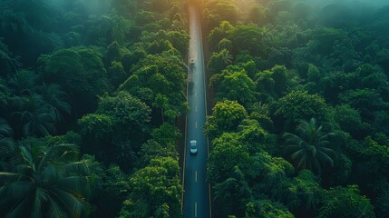 Poster - Aerial view of asphalt road and forest, Forest road going through forest, concept of ecological healthy environment from the air.