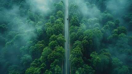 Poster - View from above of asphalt road with green forest, Forest road through forest with car adventure, Ecosystems and ecology concept, healthy environment in the background.