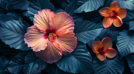 Poster - Tropical foliage on a dark background with colorful flowers