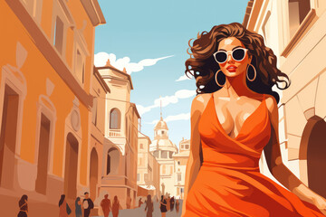 Wall Mural - beautiful woman in orange dress walk in mediteran city in summer illustration