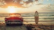 Classic car by the shore, surfboard ready for waves