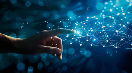 Fototapete - Digital connection - human touch interacting with virtual network