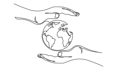 Wall Mural - Continuous line drawing of hand-holding earth save world environment. Single-line palm hand holding earth globe. globe world map vector illustration. human hand holding world planet Earth.