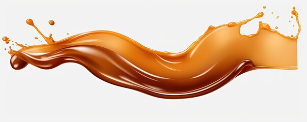 Splash of melted caramel sauce isolated on transparent background. Brown toffee wave splashing with droplets. Tasty confectionary