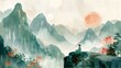 Chinese Landscape with Meditating Woman at Sunset Conveying Traditional Cultural Themes in Ink Painting Style